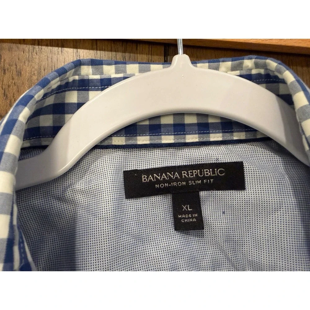Banana Republic‎ Mens Blue White Gingham Non-Iron Slim Fit Button Down Shirt XL